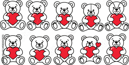 Collection of teddy bears holding red hearts. Vector illustration, valentines day, love, gift, cute