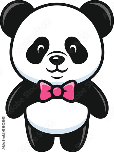 Cartoon panda stands wearing a pink bow tie. Cute animal illustration, charming bear, adorable, friendly character.