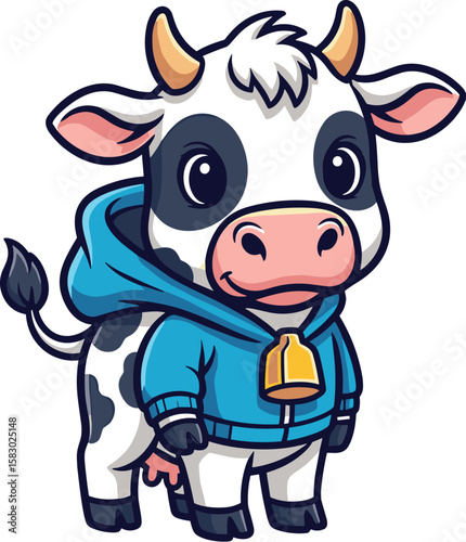 Cartoon cow wears a blue hoodie with a bell. Cute animal illustration, farm, dairy, character design.