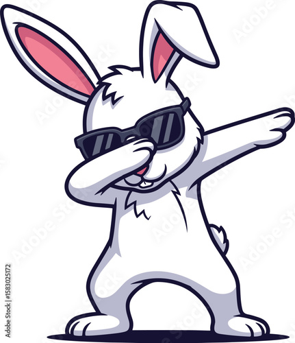 Cartoon rabbit dabs wearing sunglasses. Hip hop culture, cool attitude, playful art, meme craze.