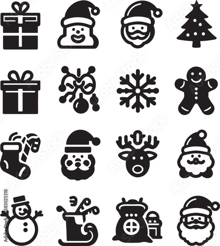 A diverse set of Christmas holiday icons, featuring festive vectors, silhouettes, and illustrations of gifts, trees, and other celebratory symbols