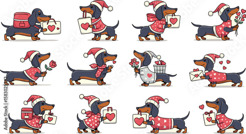 Cute dachshund dogs celebrate Valentine's Day with gifts. Adorable cartoon pets, seasonal holiday, love, friendship, gifts, romance, illustration.