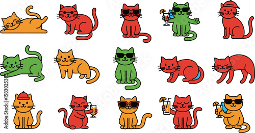Cartoon cats enjoy summer vacation with drinks and shades. Quirky animal characters, vector illustration, cute kittens