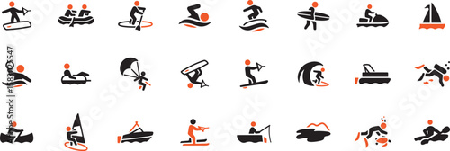 Water Sports and Activities Icon Set – Jet Ski, Surfing, Watersports, Sea, Ocean, Aquatic, Sport, Fitness, Recreation, Adventure, Marine, Icon


