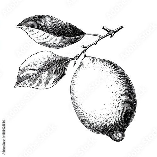 Detailed black and white illustration of a lemon and leaves on a branch