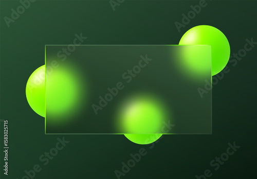 Glass morphism panel with electric lime spheres on dark green background.
