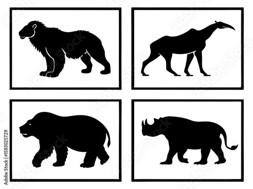Silhouettes of ancient and modern mammals in a grid layout