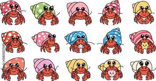 Cartoon hermit crabs with colorful shells line up. Animal characters, shell dwellers, sea creatures, digital art, cute art