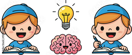 Two boys reading and writing with a brain and lightbulb in the middle. Learning, studying, smart, ideas, knowledge