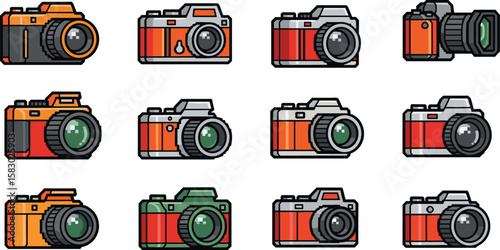 Collection of retro pixel art style cameras displayed on blue backdrop. Photography equipment, vintage technology, digital design, creative tools
