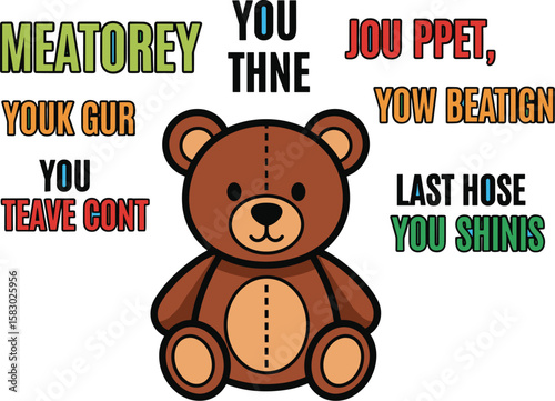 Cartoon teddy bear surrounded by text on blue background. Children's illustration, cute, playful, whimsical, colorful