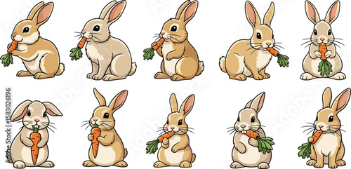 Group of bunnies holds and eats carrots. Easter illustration, cute rabbits, adorable animal, cartoon, comic, springtime