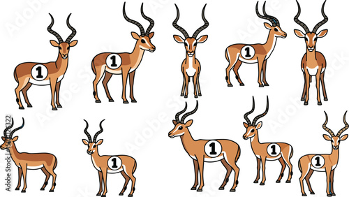Ten antelopes stand with numbered circles on bodies. Wildlife drawing, animal cartoon, safari, illustration, isolated, mammal