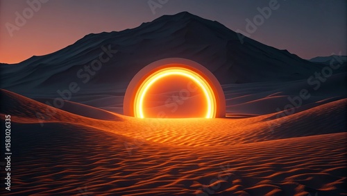 Fototapeta Naklejka Na Ścianę i Meble -  A glowing orange portal in the desert at sunset