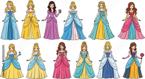 Cartoon princesses pose in colorful gowns. Fairytale princesses, classic characters, feminine fantasy, childhood dreams