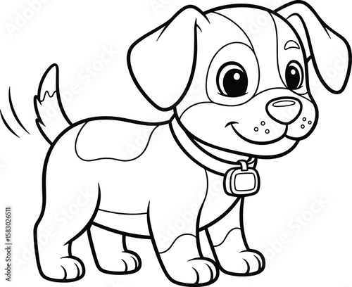 Cartoon puppy smiles with wagging tail and collar. Cheerful pet, cute animal, friendly canine, domestic drawing.