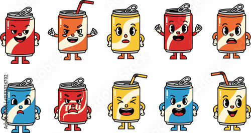 Cartoon soda cans express different emotions. Retro beverages, fun, drink, mascot, illustration, comic, character