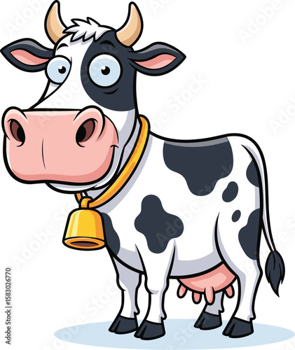 Cartoon cow stands cheerfully wearing a bell. Dairy farming, farm animal, rural, livestock, cute and funny
