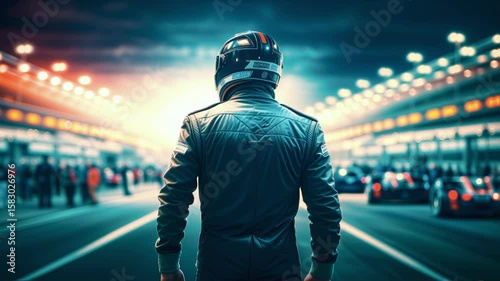 Racing driver stands in sports suit on racing circuit