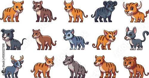 Cartoon animals standing in various colors and species. Cute animal collection, wildlife, cartoon, characters, variety, playful, illustration, diverse, mascot, cheerful