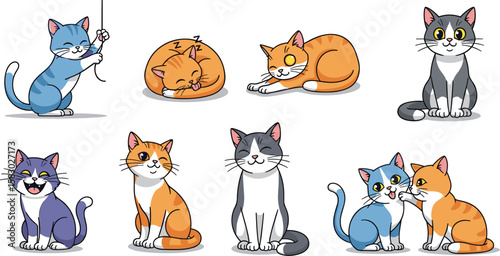 Collection of cartoon cats in various poses and expressions. Feline animals, domestic pets, cute drawing, playful illustration, happy cats.