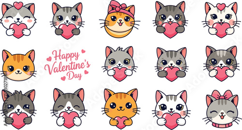 Cute cats hold hearts for Valentine's Day. Cartoon animal love, adorable kawaii, holiday design.
