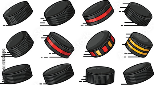 Several ice hockey pucks in motion. Sports equipment, fast game, sport, team sports, action