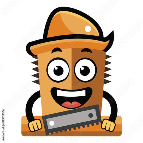 Happy cartoon character with a saw cutting wood with a cheerful expression