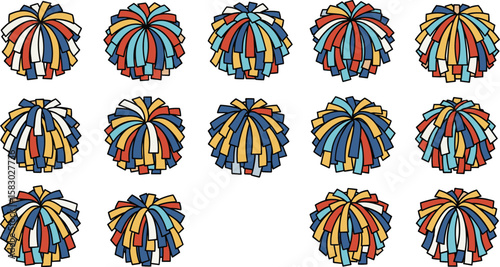 Collection of colorful pom poms cheer on a team. Spirit, school, team, sports, cheerleading, pep rally, decoration