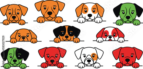Cartoon puppies peek over ledge. Cute dog illustrations, adorable, pets, colorful, line art, vector