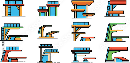 Diving platform illustrations set against blue background. Swimming sport, pool platforms, colorful designs, recreational activity.