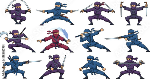 Cartoon ninja characters in various poses with weapons. Martial arts, fighters, warriors, assassins