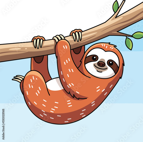 Sloth hangs from branch against blue sky. Cute cartoon drawing of adorable jungle animal clinging to tree limb in rainforest habitat.