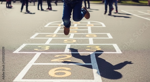Boy plays hopscotch on asphalt playground, enjoying childhood fun in the sun,Leaping into joy: A vibrant hopscotch game on a sunny playground with excited participants