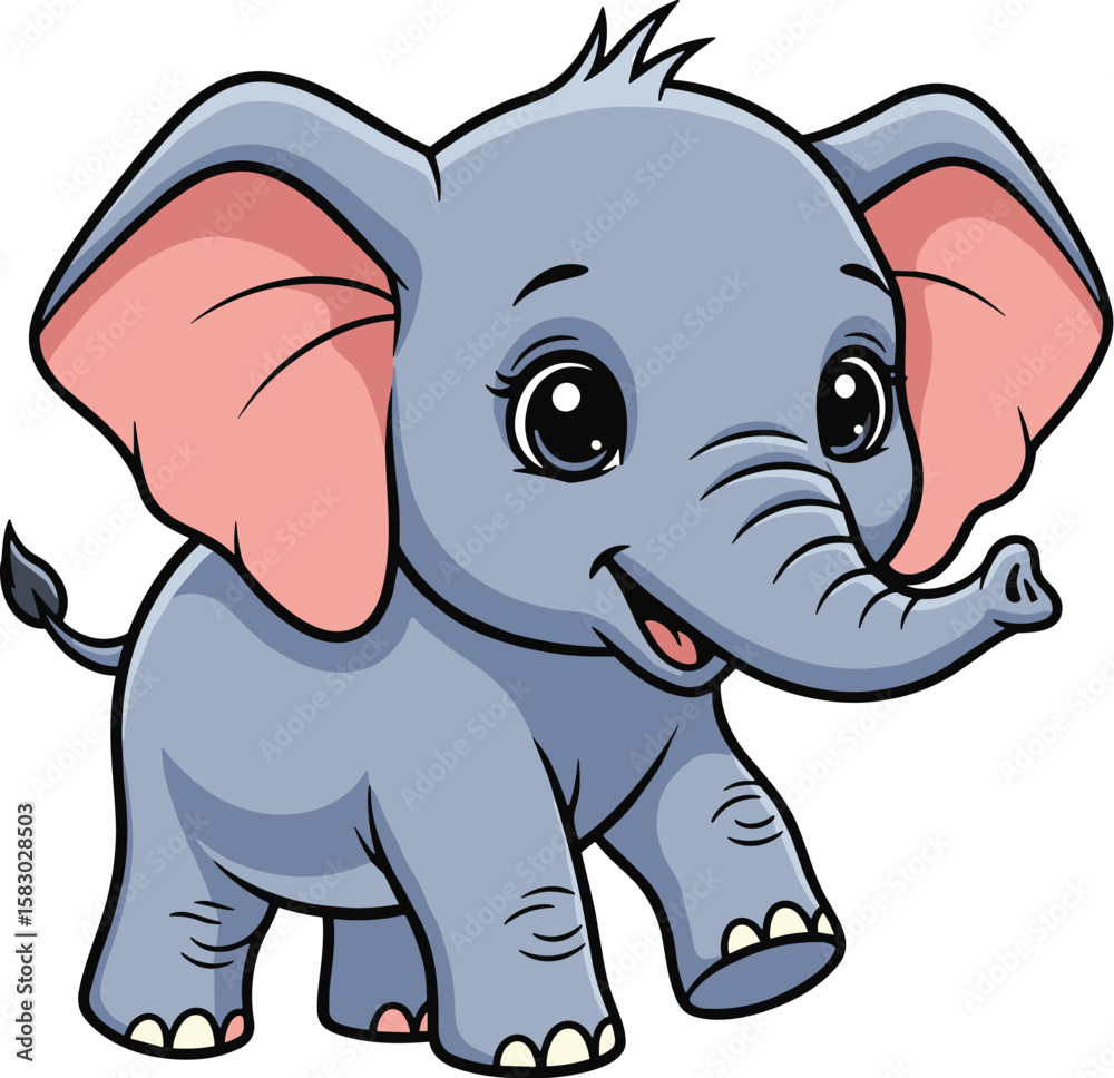Naklejka premium Cute baby elephant smiles and walks forward. Adorable cartoon animal, friendly, playful, young