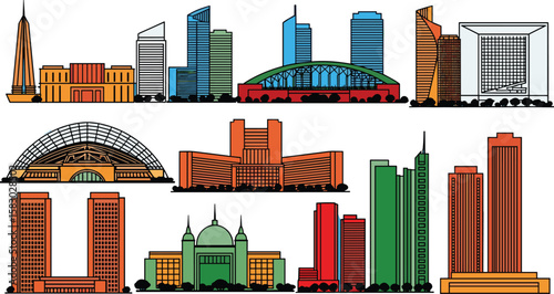 Illustration of many city buildings and structures against blue backdrop. Architectural skyline, urban landscape, cityscape, downtown, landmark.