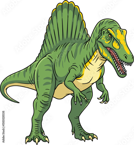 Green Spinosaurus standing with teeth bared. Prehistoric reptile, dinosaur illustration, ancient creature, wildlife