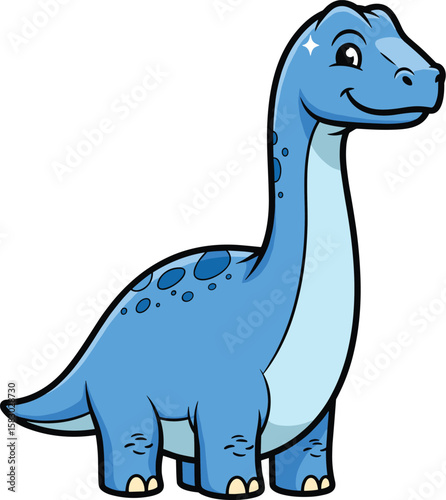 Cartoon brontosaurus stands smiling on white background. Cute blue dinosaur with long neck and spots, friendly design for kids.
