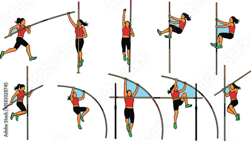 Animated woman pole vaults in a series of poses. Depicting motion, success, overcoming challenges, athletic progression.