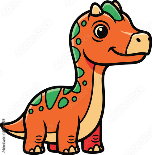 Cute cartoon dinosaur smiles on blue background. Lovely friendly dinosaur, prehistoric character, animal illustration, jurassic