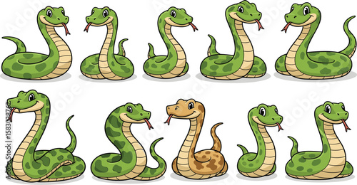 A collection of cartoon snakes with varying green and tan colors is displayed. Animal illustration, wildlife, cartoon, reptile, graphic design