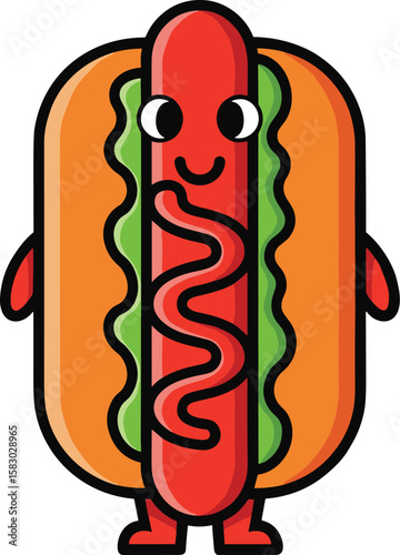 Cartoon hotdog stands smiling with arms outstretched. Fun food, character design, mascot, cheerful, happy, illustration, comic