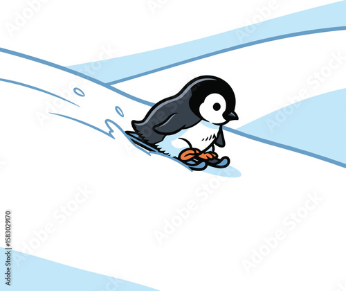 Penguin soars down snowy hill on skis. Winter sport, cartoon character, seasonal fun, outdoor recreation.