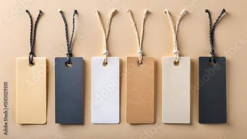 a minimalist arrangement of assorted cardboard and paper tags, some with typed labels, against a beige background, elegant simplicity, clean design, natural textures, subdued colors...