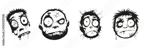 Zombie Faces In Silhouette Set. Horror And Halloween Theme Collection. Entertainment And Graphic Design Use. Isolated Vector Illustration