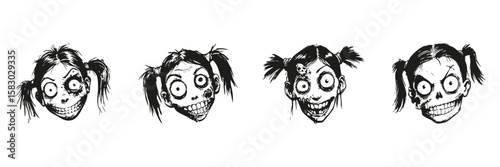 Zombie Girl Faces In Silhouette Set. Horror And Halloween Theme Collection. Graphic Design And Entertainment Use. Isolated Vector Illustration
