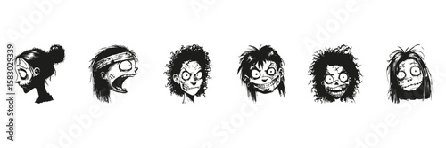 Zombie Character Faces In Silhouette Set. Horror And Halloween Theme Collection. Graphic Design And Entertainment Use. Isolated Vector Illustration