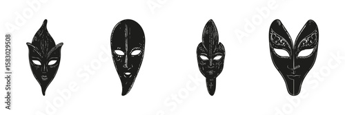 Traditional Mask Designs In Silhouette Set. Cultural And Artistic Expression Symbol Collection. Decorative And Theatrical Use. Isolated Vector Illustration