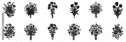 Floral Bouquet Silhouettes In Icon Set. Botanical Arrangement And Nature Decoration Symbol Collection. Design And Decorative Use. Isolated Vector Illustration