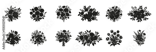 Floral Bouquet Silhouettes In Icon Set. Botanical Arrangement And Nature Design Collection. Decorative And Artistic Use. Isolated Vector Illustration